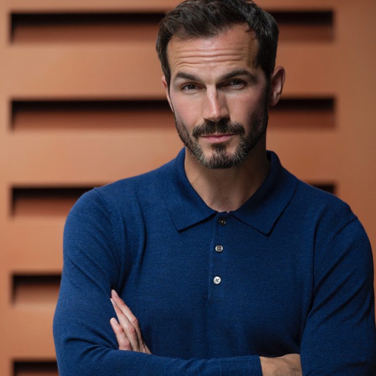 model in Alexandra Wood tailored men's knitwear