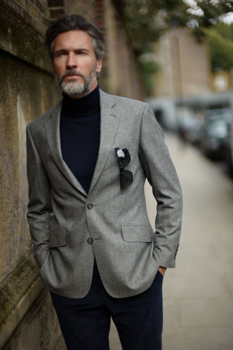 Alexandra Wood men’s sports jacket in grey with navy roll neck