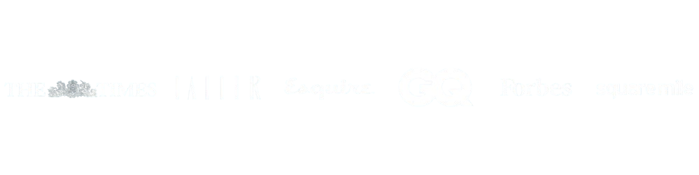 Row of white publication logos on a black background including The Times Esquire GQ Forbes and Square Mile