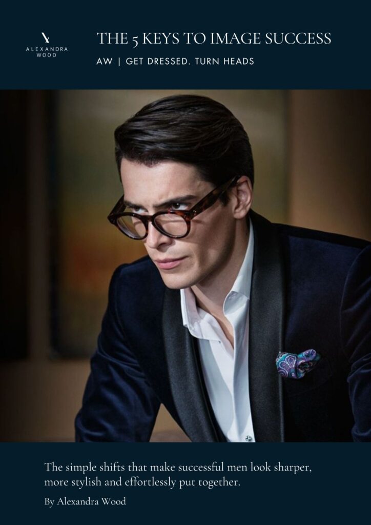 Portrait of a man in a navy suit and glasses looking down with a dark blue banner above displaying the headline The 5 Keys to Image Success
