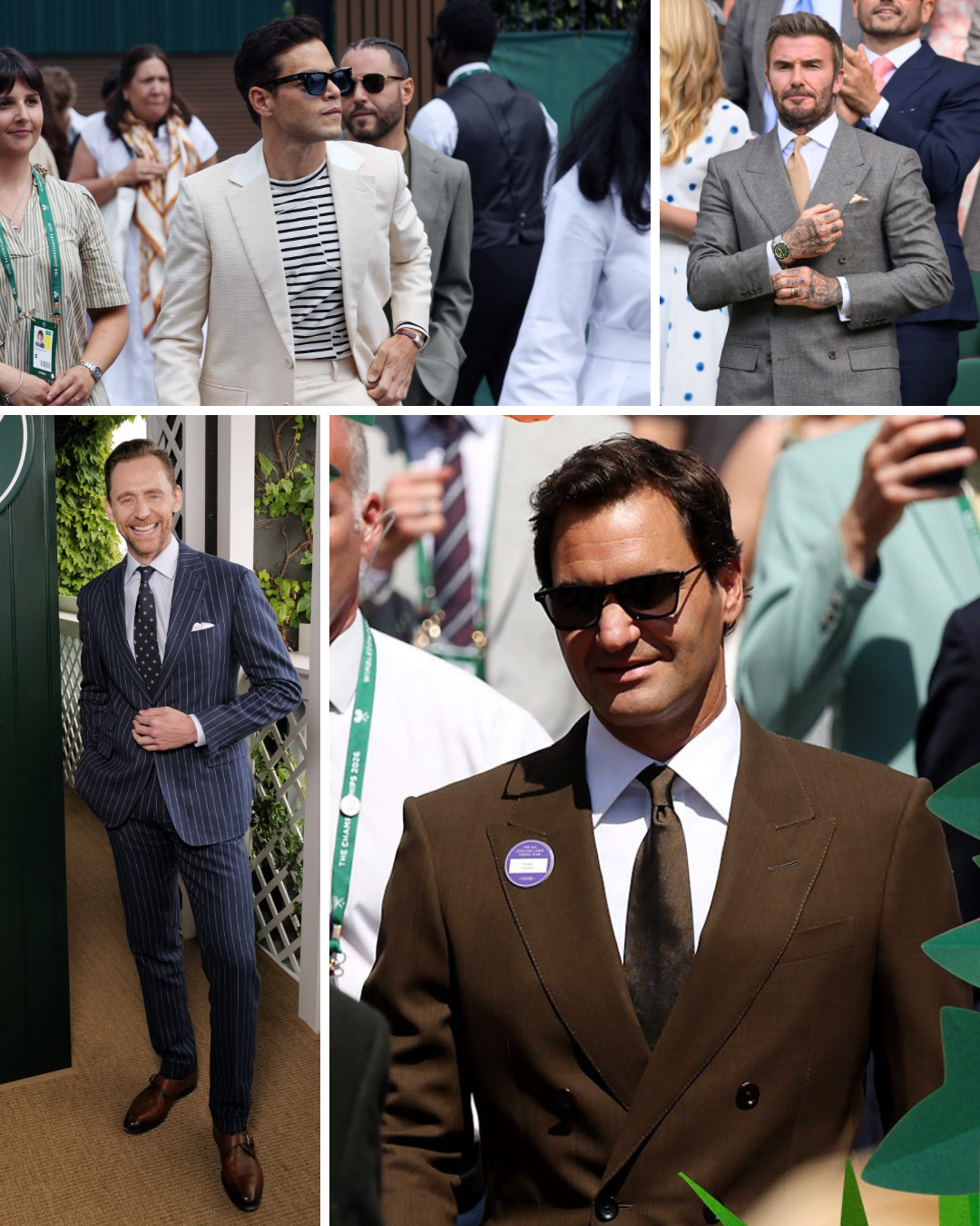 Man in a light cream suit with striped shirt and sunglasses walking through a crowded outdoor event others in the background Informative panel 1