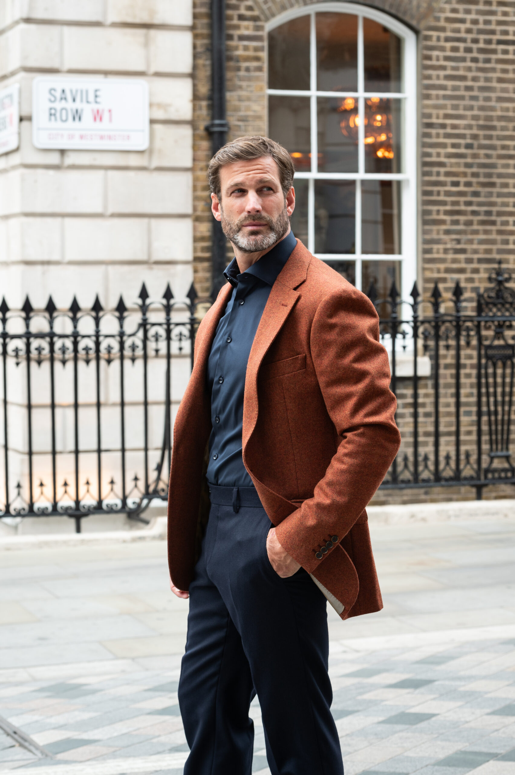 Alexandra Wood Bespoke Savile Row Sports Jacket in Burnt Orange